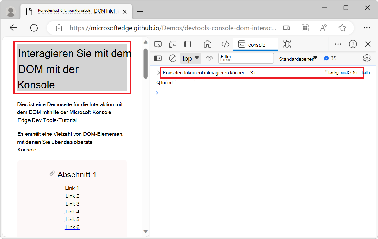 Das Konsolentool mit dem obigen JavaScript-Code und der Webseite mit dem grauen Titel