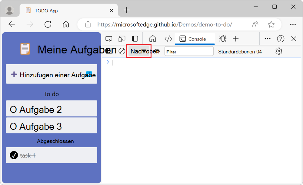 Die Dropdownliste des JavaScript-Kontexts, die anzeigt, dass der oberste Kontext ausgewählt ist