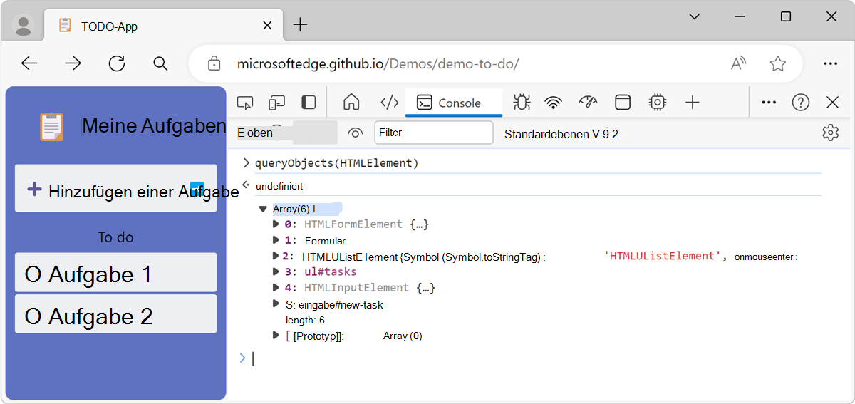Das Ergebnis der queryObjects()-Funktion