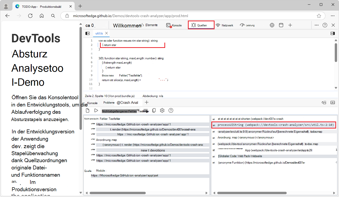 Nicht minimierte Codedatei und Codezeile, auf die zugegriffen wird, indem Sie auf der Registerkarte 