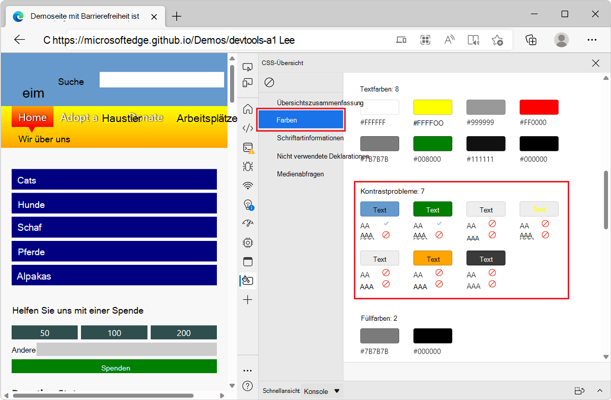 Microsoft Edge mit der ToDO-Listen-Demo-App und DevTools, die eine Liste der Kontrastprobleme im CSS-Übersichtsbericht anzeigen