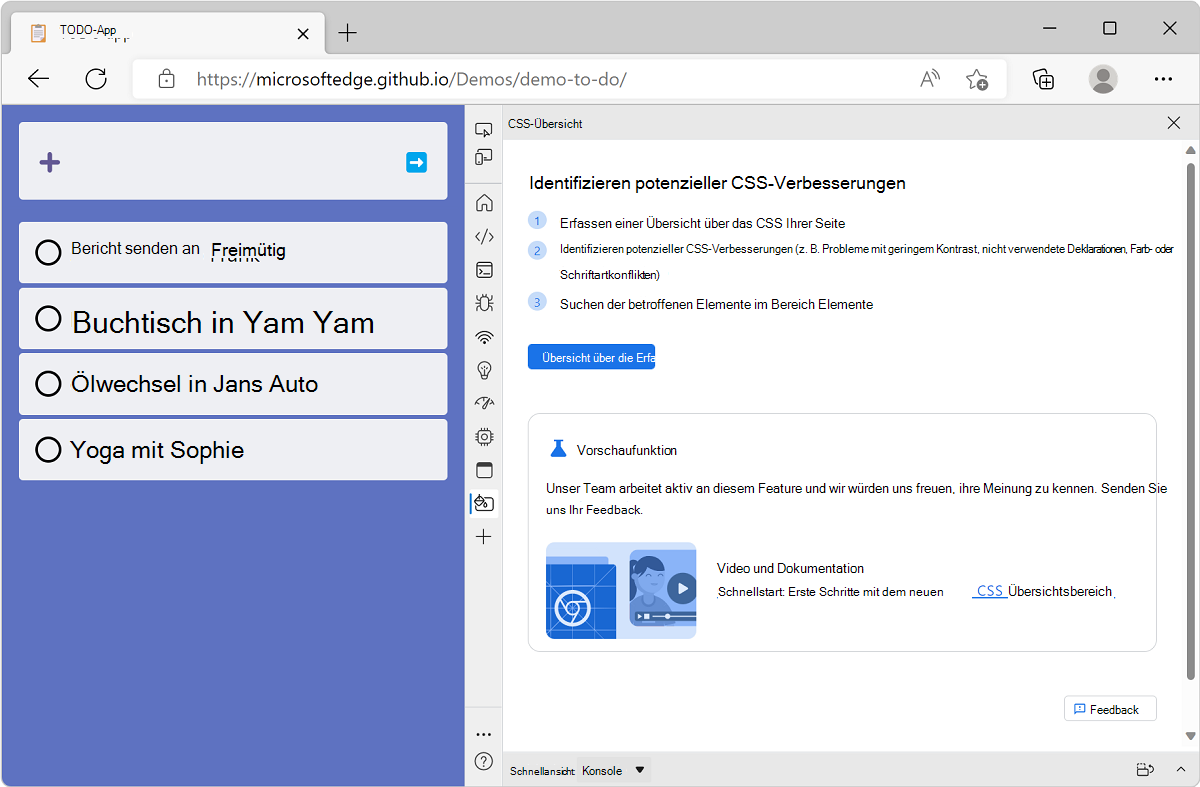 Microsoft Edge mit der Demo-App für die TODO-Liste und DevTools daneben mit dem Begrüßungsbildschirm für die CSS-Übersicht