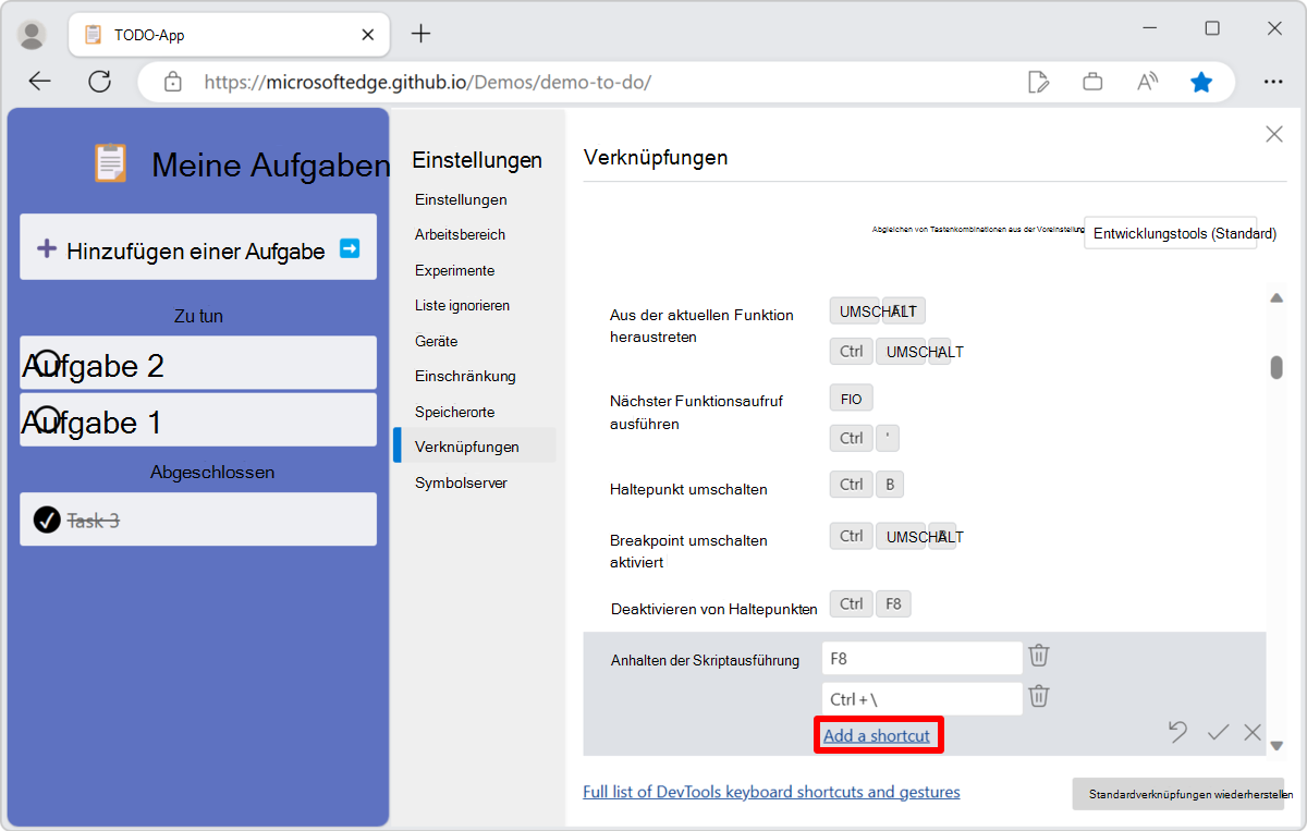 Wählen Sie die Schlüssel aus, die Sie der Aktion zuweisen möchten.