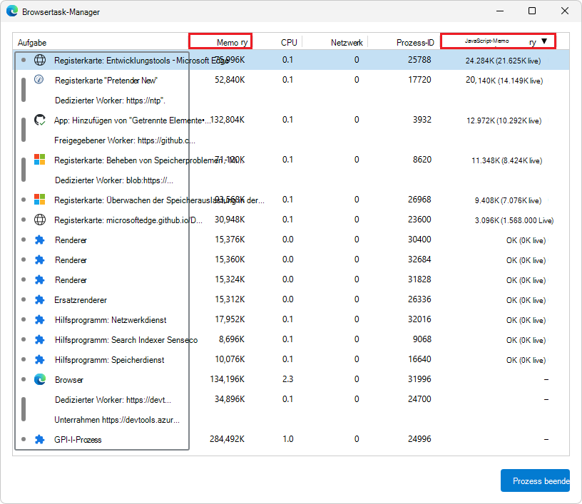 Die JavaScript-Speicherspalte