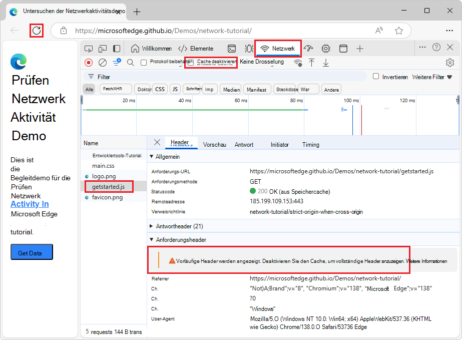 Warnmeldung zu vorläufigen Headern