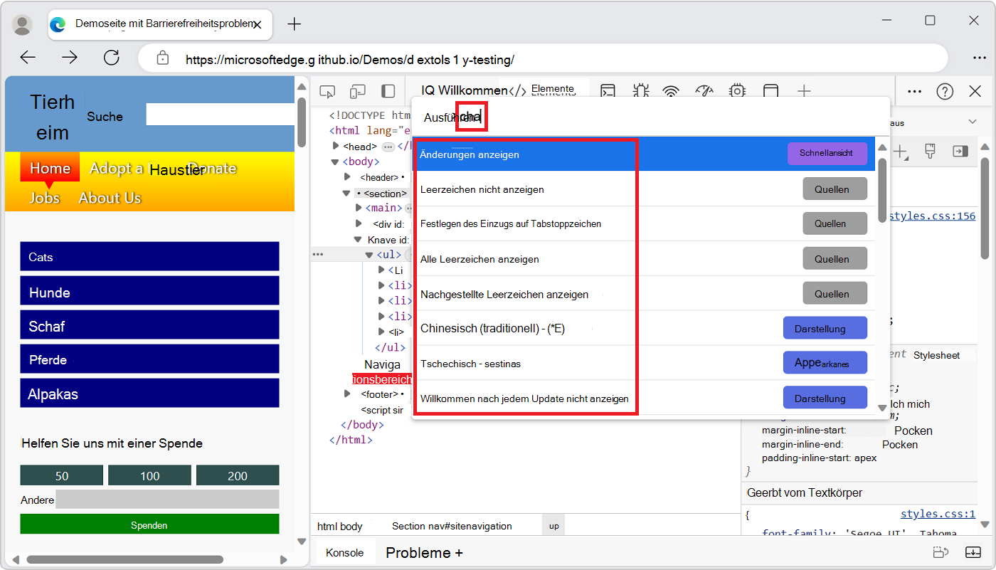 Im Befehlsmenü werden die Optionen angezeigt, nachdem Sie 