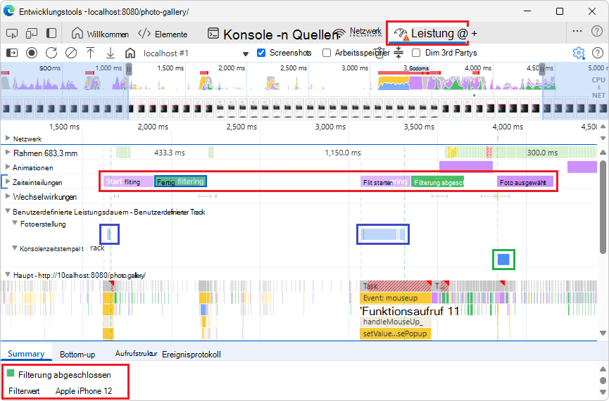Beispiel für benutzerdefinierte Spuren im Leistungstool