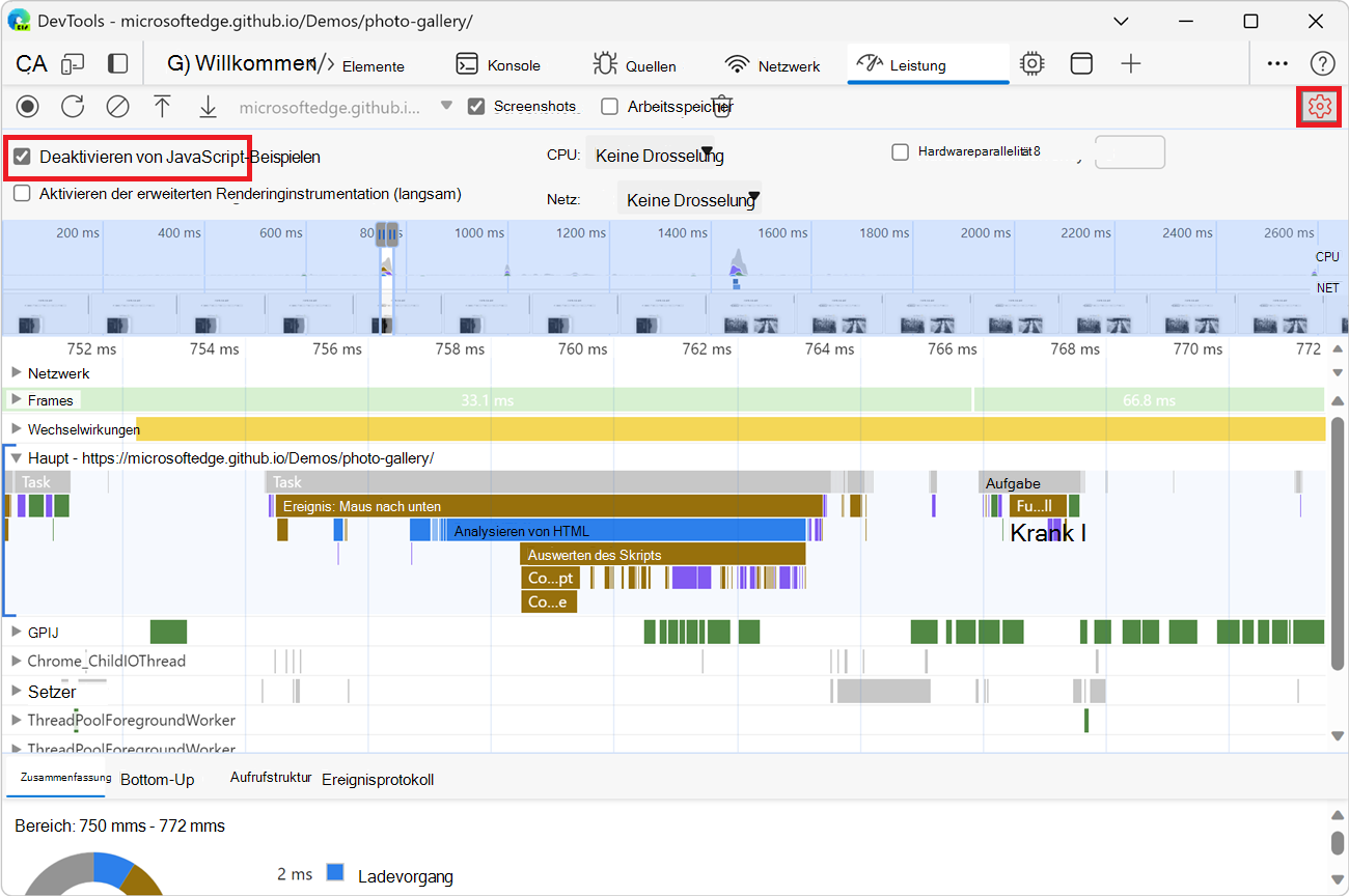 Ein Beispiel für eine Aufzeichnung, wenn JS-Beispiele deaktiviert sind.