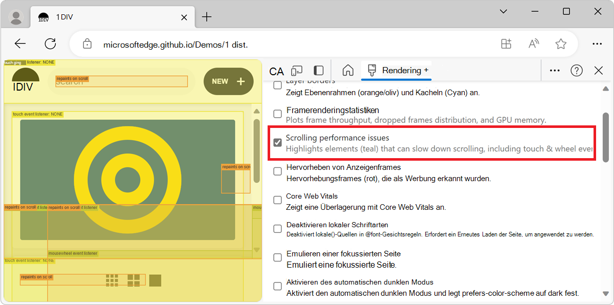 Leistungsprobleme beim Scrollen deuten darauf hin, dass Objekte mit Viewportbeschränkungen ohne Ebenen die Bildlaufleistung beeinträchtigen können.