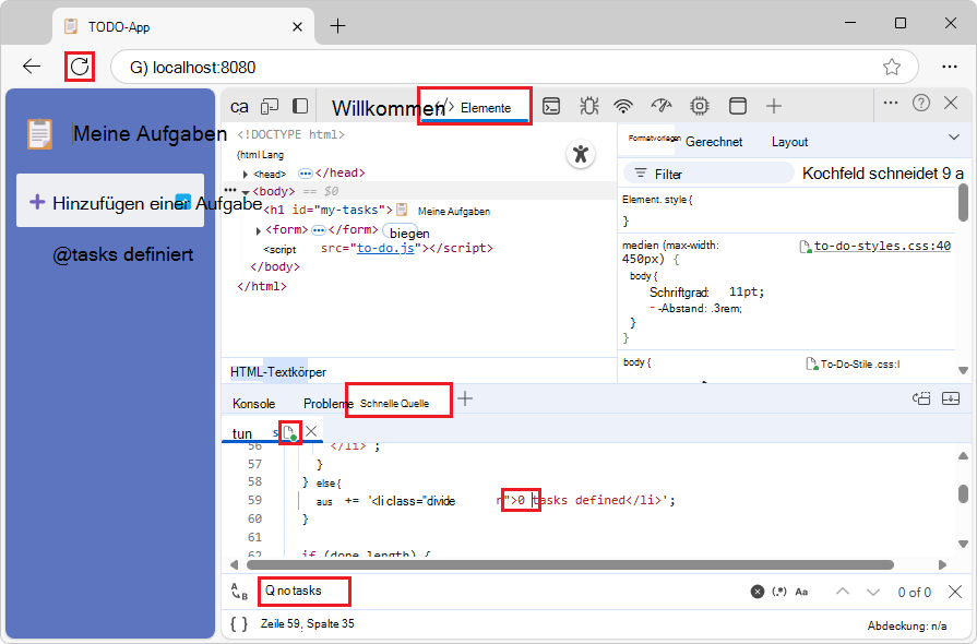 Eine bearbeitete .js-Datei im Quick source-Tool mit aktualisierter Demo-Webseite