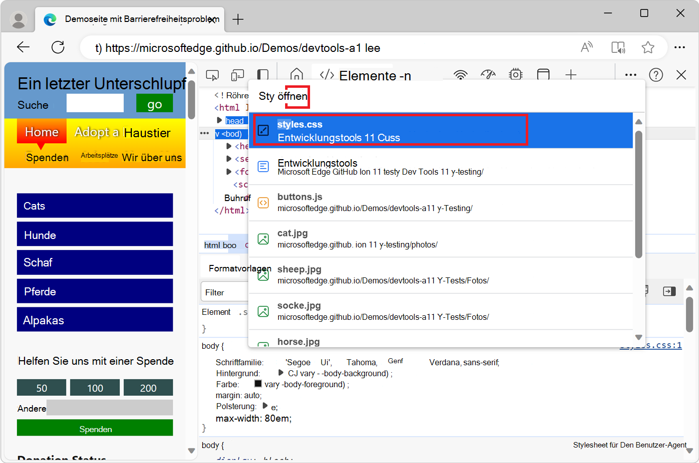 Eingeben eines Teils eines Dateinamens in die Liste Datei öffnen des Befehlsmenüs