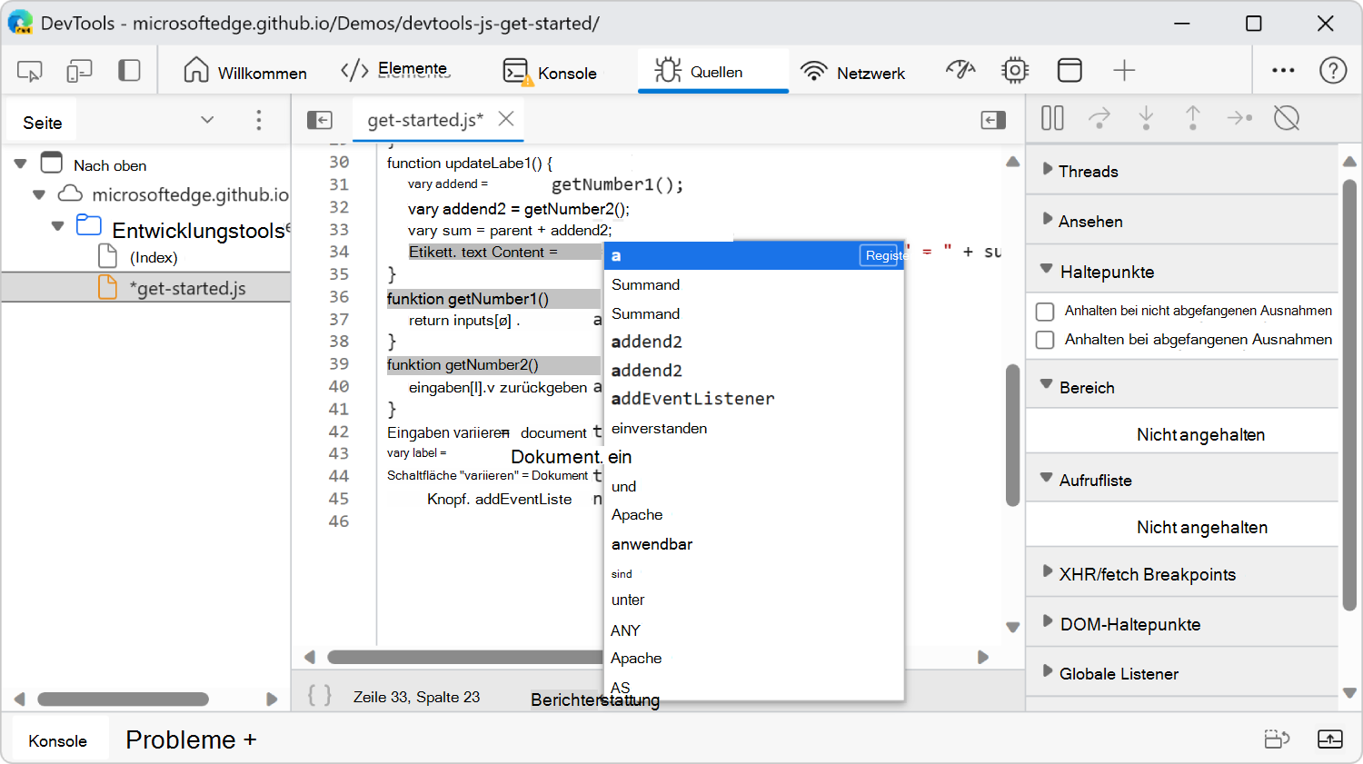 Bearbeiten von JavaScript im Editor-Bereich