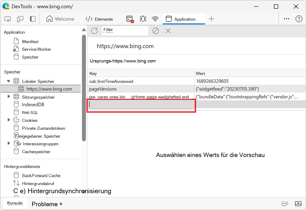 Der leere Teil der Tabelle, auf den doppelklickt werden soll, um ein neues Schlüssel-Wert-Paar zu erstellen
