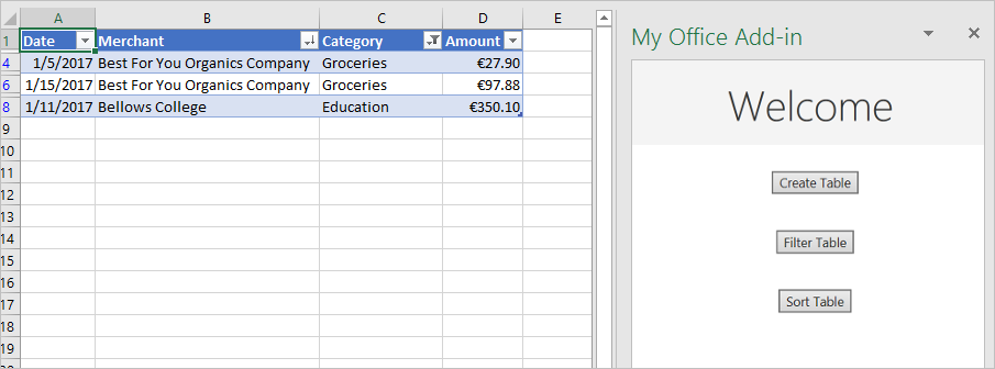 Excel mit im Add-In-Aufgabenbereich angezeigten Schaltflächen Tabelle filtern und Tabelle sortieren.