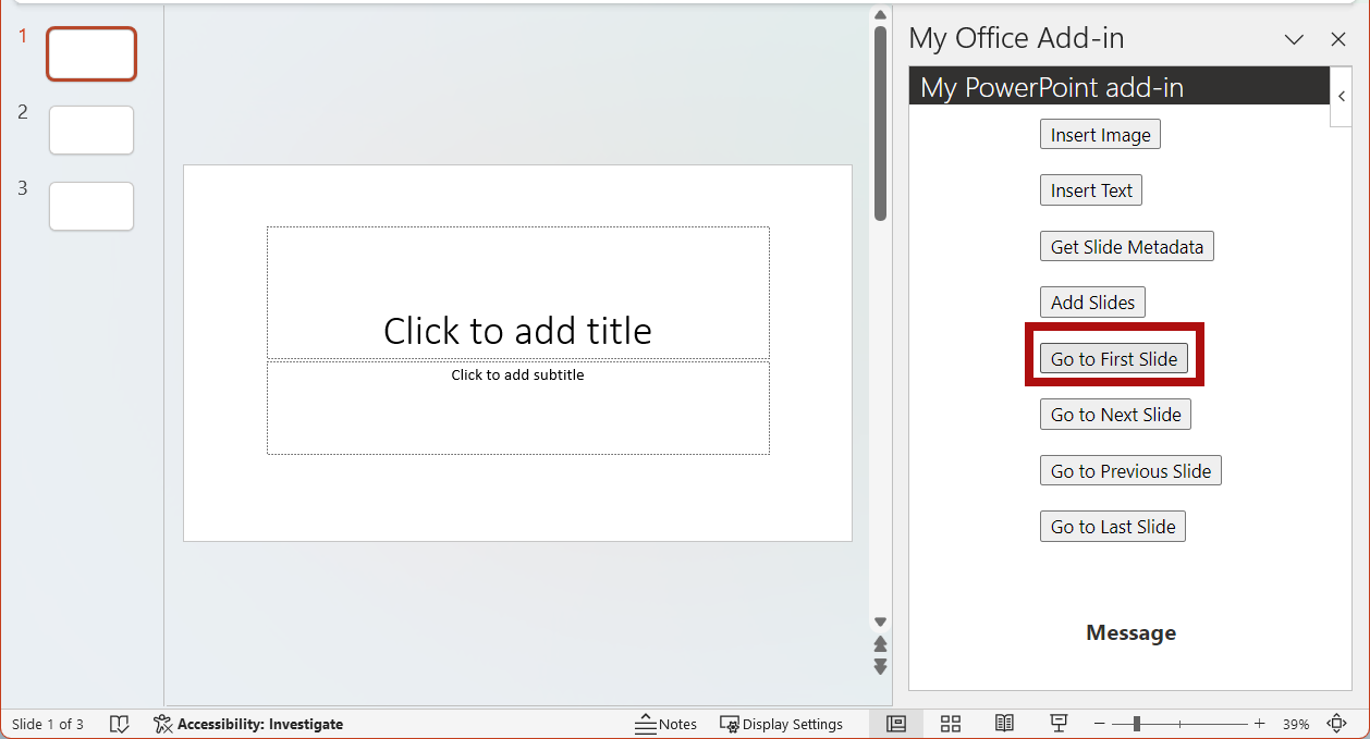 Die im Add-In hervorgehobene Schaltfläche Gehe zur ersten Folie.