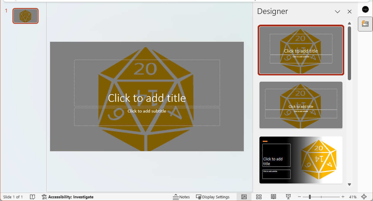 Die im Add-In hervorgehobene ausgewählte PowerPoint-Titelfolie.