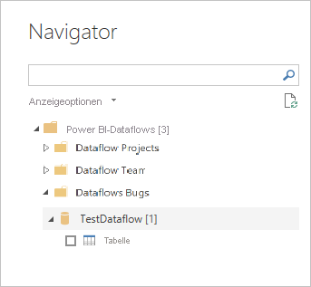 Screenshot des Navigators in Power BI Desktop, der Datenflüsse auswählt, mit der eine Verbindung hergestellt werden soll.
