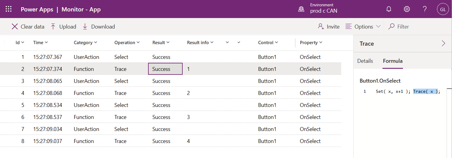 Monitor trace showing button being pressed four times and corresponding increments of a variable
