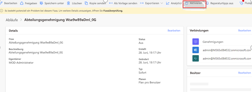 Aktivieren Sie den Workflow, nachdem Verbindungsverweise konfiguriert wurden.