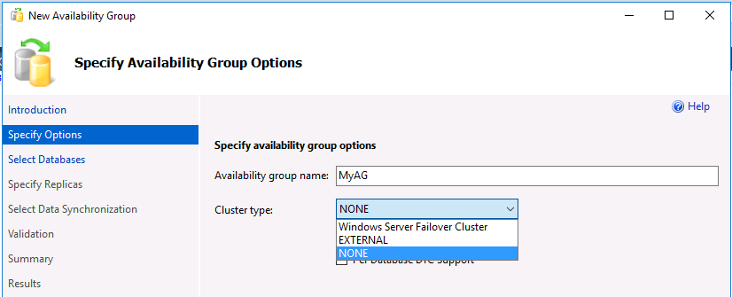 Screenshot der Optionen der SSMS-Verfügbarkeitsgruppe