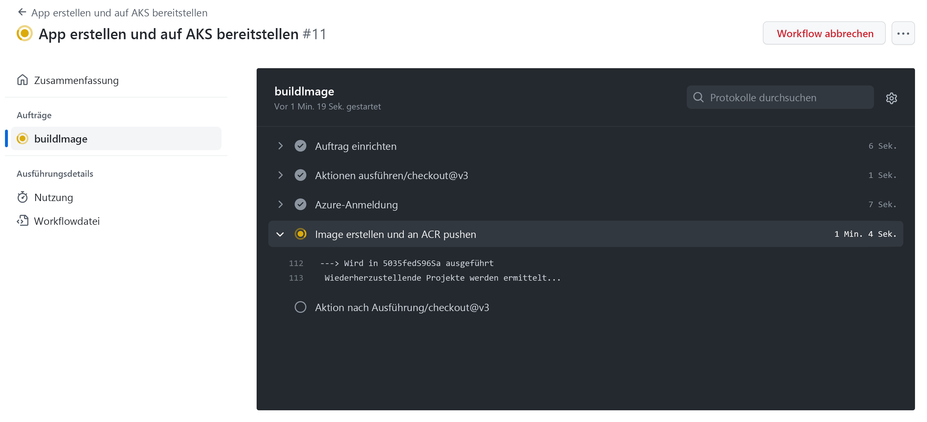 Screenshot eines ausgeführten GitHub-Workflows.
