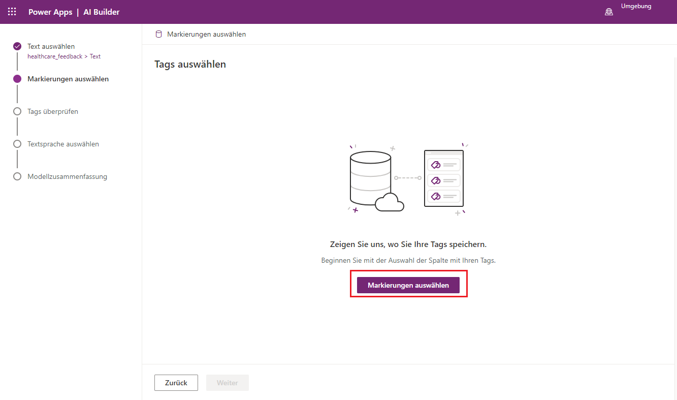 Screenshot des Kategorieklassifizierungsmodells in Power Apps Studio mit Hervorhebung der Option „Tags auswählen“
