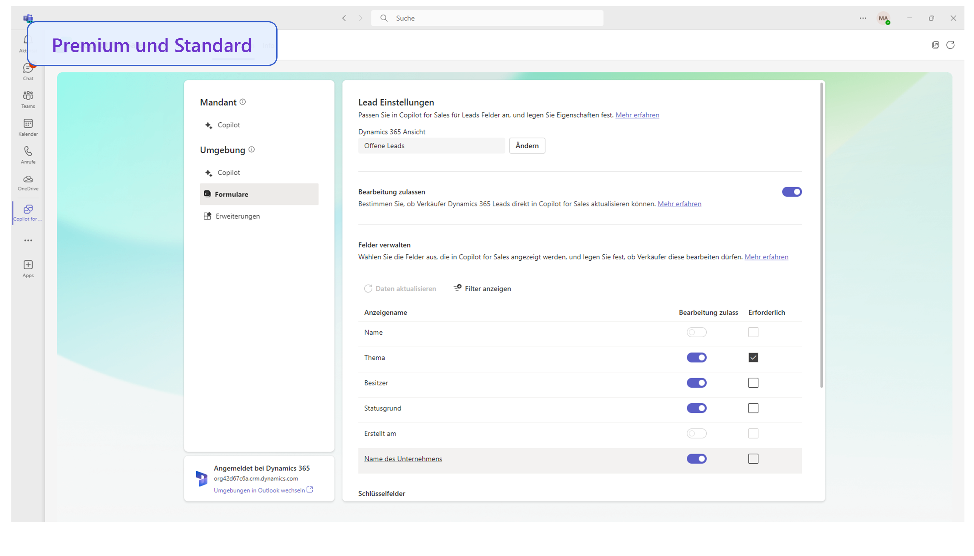 Screenshot der Details zum Anpassen von Formularen und Feldern