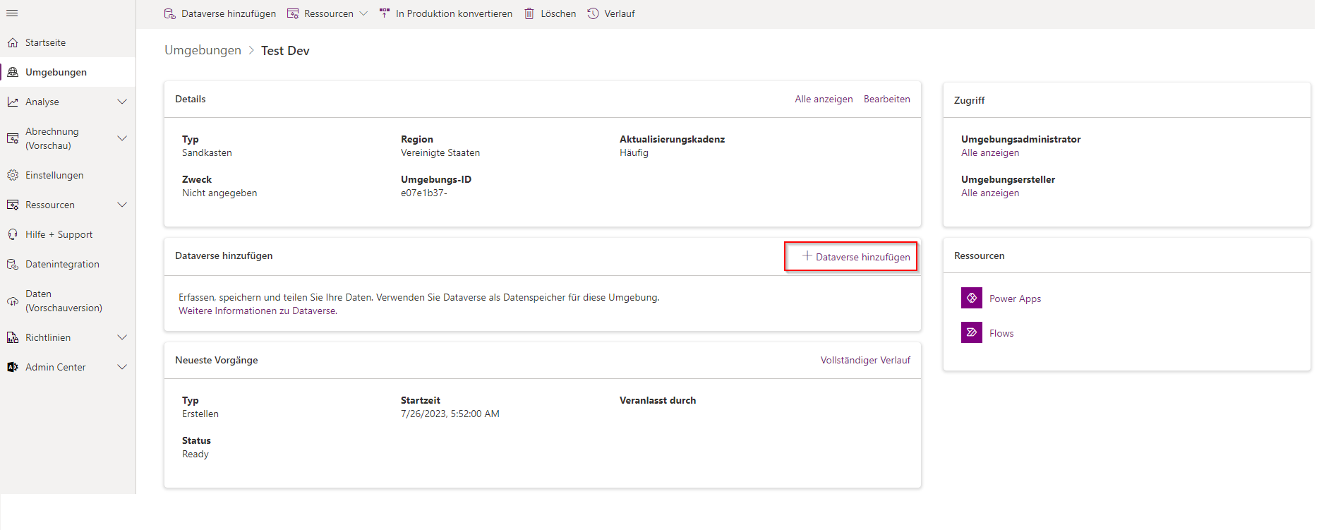 Screenshot der Option „Umgebungen“ des Portals mit der Schaltfläche „Dataverse hinzufügen“