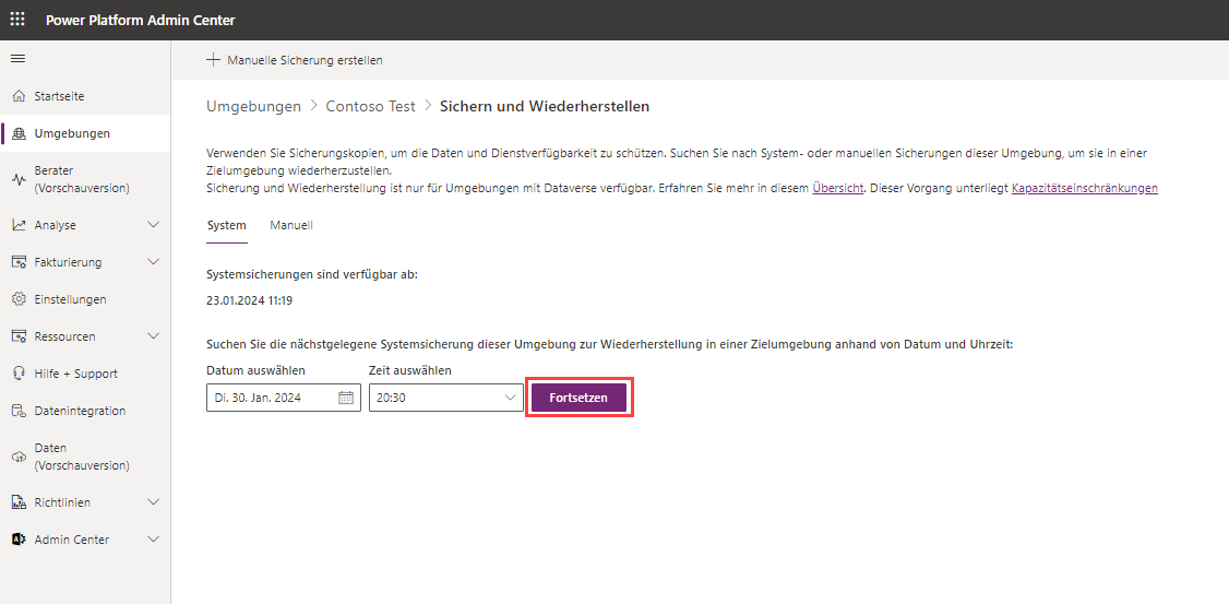 Screenshot der Auswahl einer wiederherzustellenden Umgebung