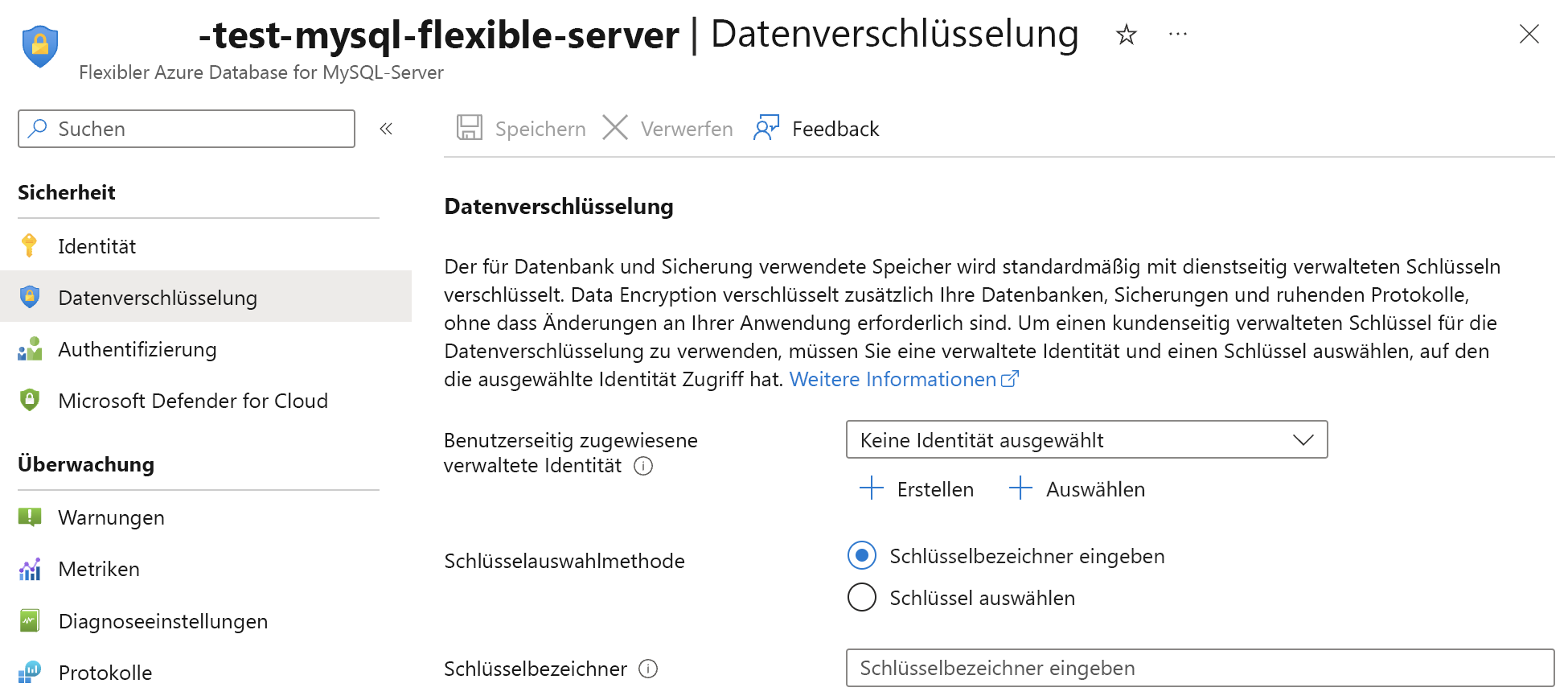 Screenshot der Einstellungsseite zum Auswählen eines vom Kunden verwalteten Schlüssels.