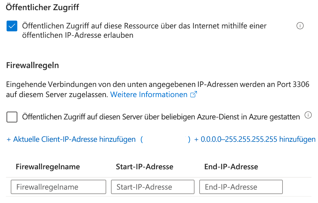 Screenshot der Netzwerkkonnektivitätsauswahl für den öffentlichen Zugriff und eine Liste der Firewallregeln.