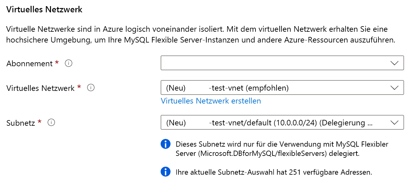 Screenshot der Einstellungen für das virtuelle Netzwerk, einschließlich Abonnement, virtuellem Netzwerk und Subnetz.