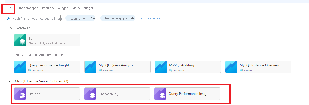 Screenshot des Überwachungsabschnitts mit der Liste der Arbeitsmappen.