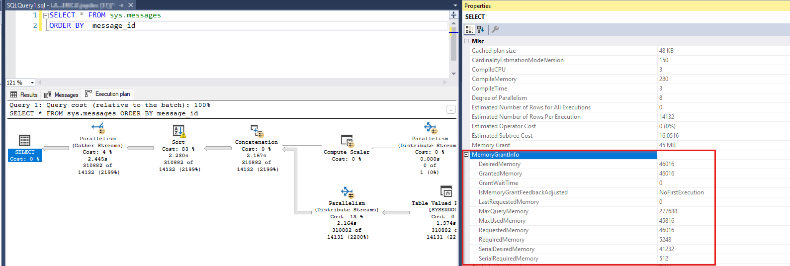Screenshot einer Abfrage mit einer Speichererteilung und einem Abfrageplan.