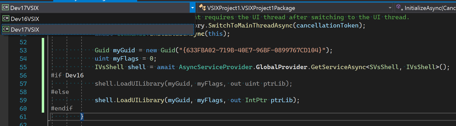 Screenshot, der die bedingte Kompilierung in einem freigegebenen Projekt zeigt.