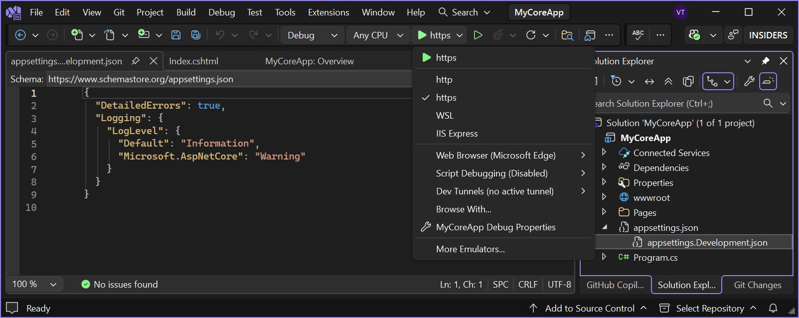 Screenshot zeigt die auf der Symbolleiste in Visual Studio hervorgehobene Https-Schaltfläche.