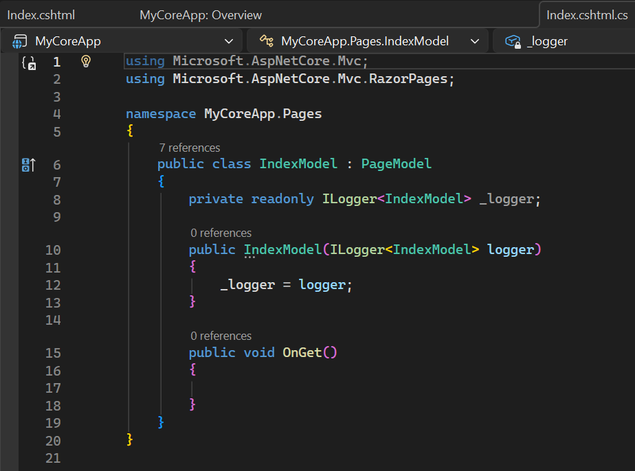 Screenshot zeigt die im Visual Studio Code-Editor geöffnete Index.cshtml.cs Datei.