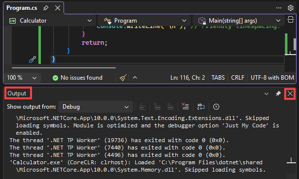 Screenshot, der zeigt, wie der Ausgabebereich in Visual Studio geschlossen wird.