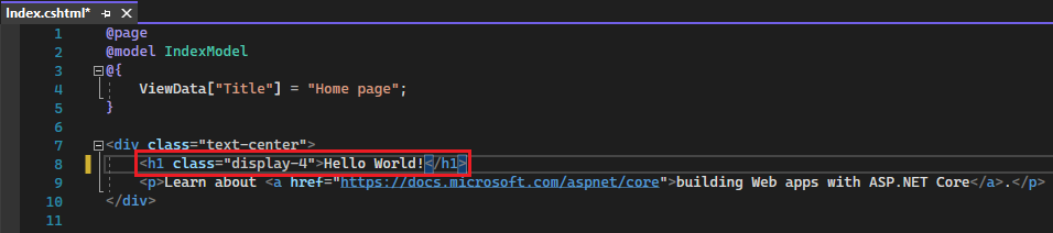 Screenshot zeigt die Datei Index.cshtml im Visual Studio Code-Editor, wobei der Text 