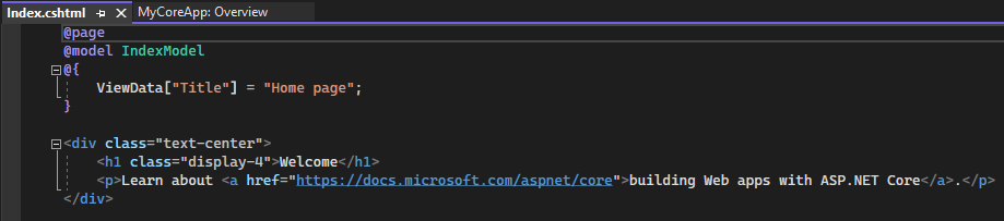 Screenshot zeigt die Im Visual Studio Code-Editor geöffnete Datei Index.cshtml.
