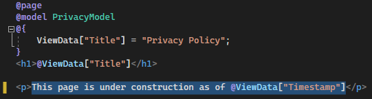 Screenshot zeigt die Datei Privacy.cshtml, die im Visual Studio Code-Editor mit dem aktualisierten Text geöffnet ist.