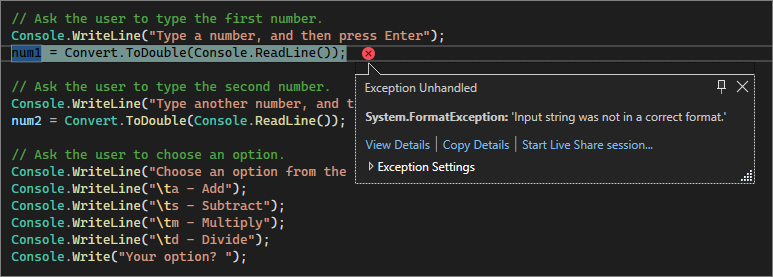 Screenshot, der einen Fehler beim unbehandelten Format im Visual Studio Code-Editor zeigt.