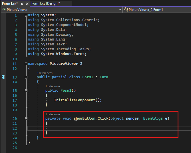 Screenshot: Registerkarte „Form1.cs“ mit Visual C#-Code