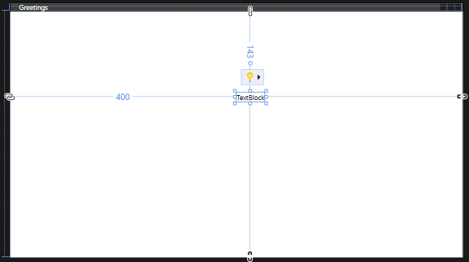 Screenshot des TextBlock-Steuerelements, das im Grußformular positioniert ist, mit den sichtbaren Richtlinien.