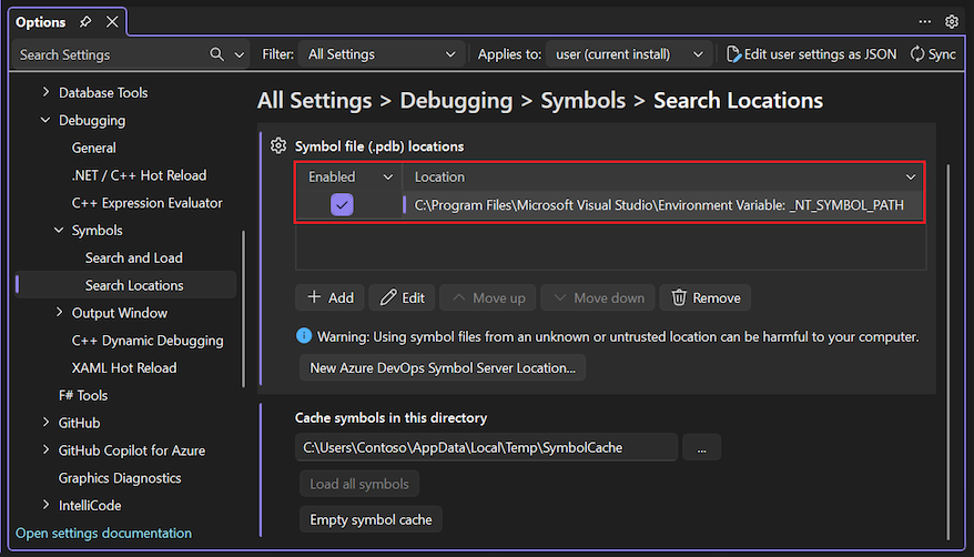 Screenshot, der die Optionen 
