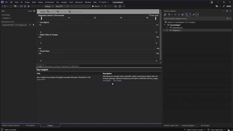 Video-Demonstration des .NET-Allokationstools mit Einblicken in Arrays mit null Länge und Copilot, das detaillierte Analyse- und Optimierungsvorschläge liefert