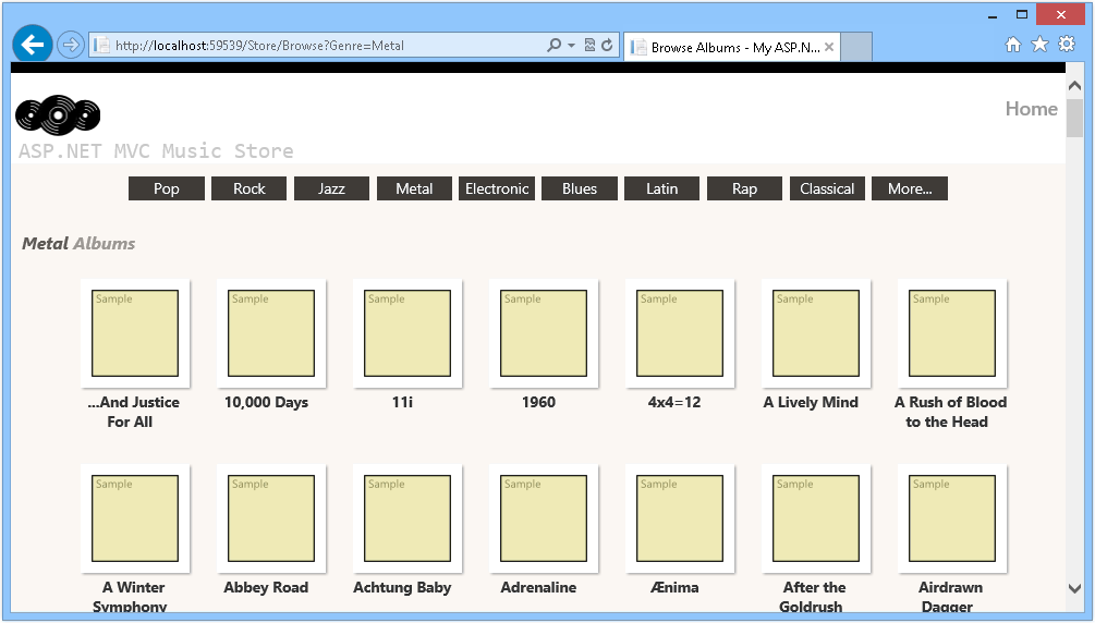 Browsing Albums from the database Screenshot shows a view where you can browse albums from the database.