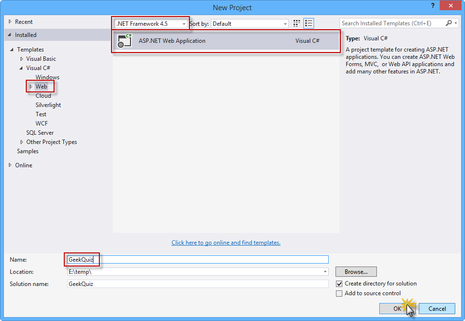 Creating a new ASP.NET Web Application project Creating a new ASP.NET Web Application project