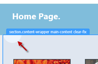 Selecting an element Screenshot of the Page Inspector window showing the mouse pointer selecting the half circle below the blue featured bar in the upper left of the screen.