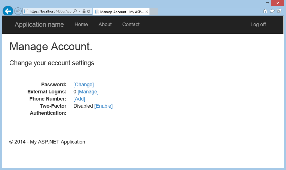 Screenshot of the Manage Account browser window showing the list of account settings and option links to change them.